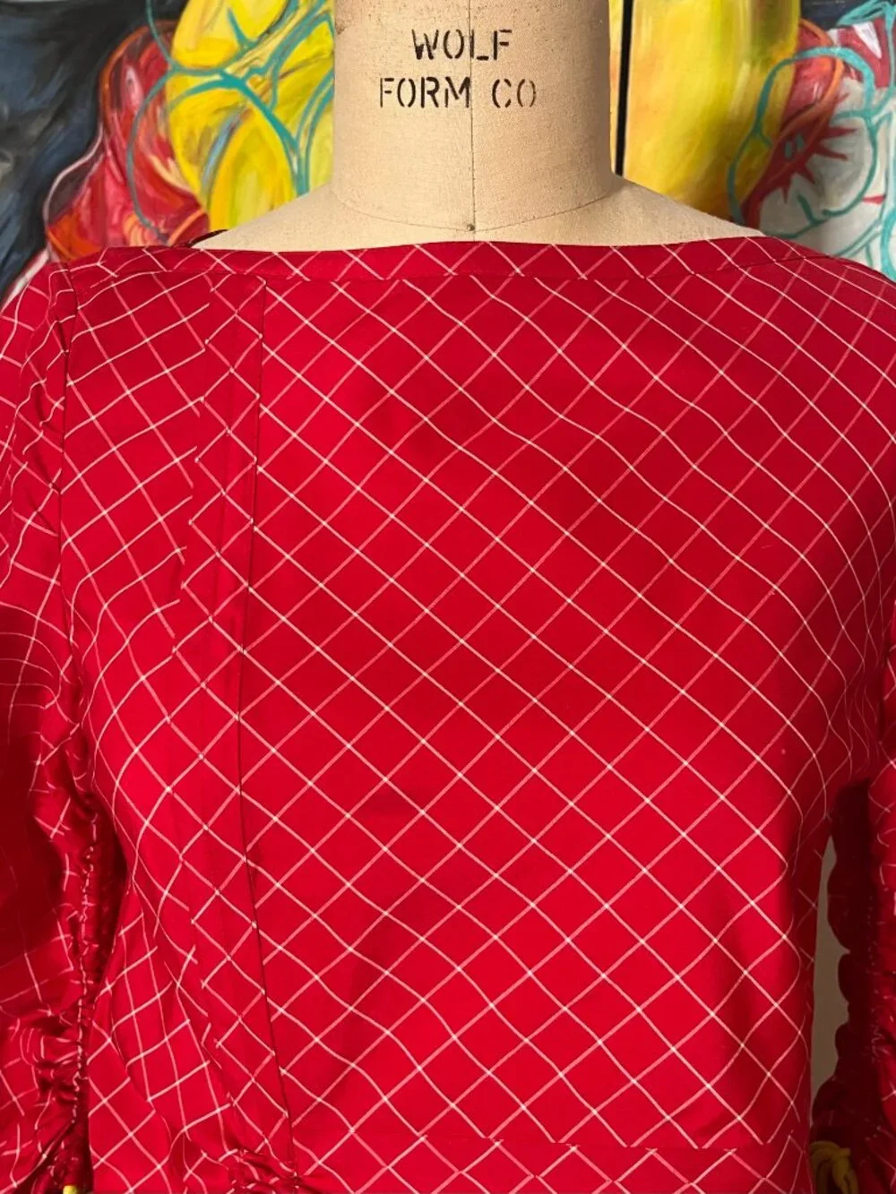 Tory Burch Windowpane Silk Tunic Top Red White Ruched Drawstring